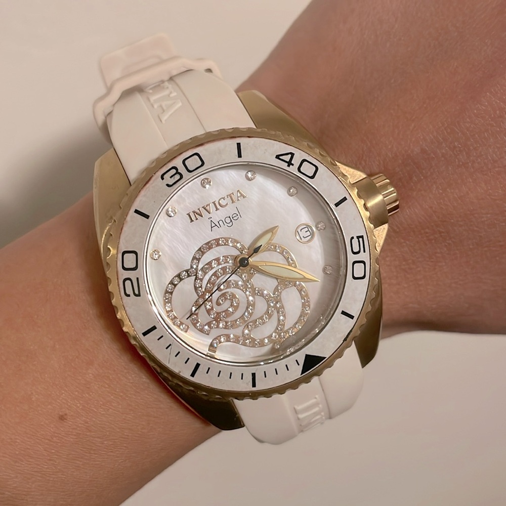 Invicta Women’s 0488 Angel Gold-Tone Watch with White Silicone Band